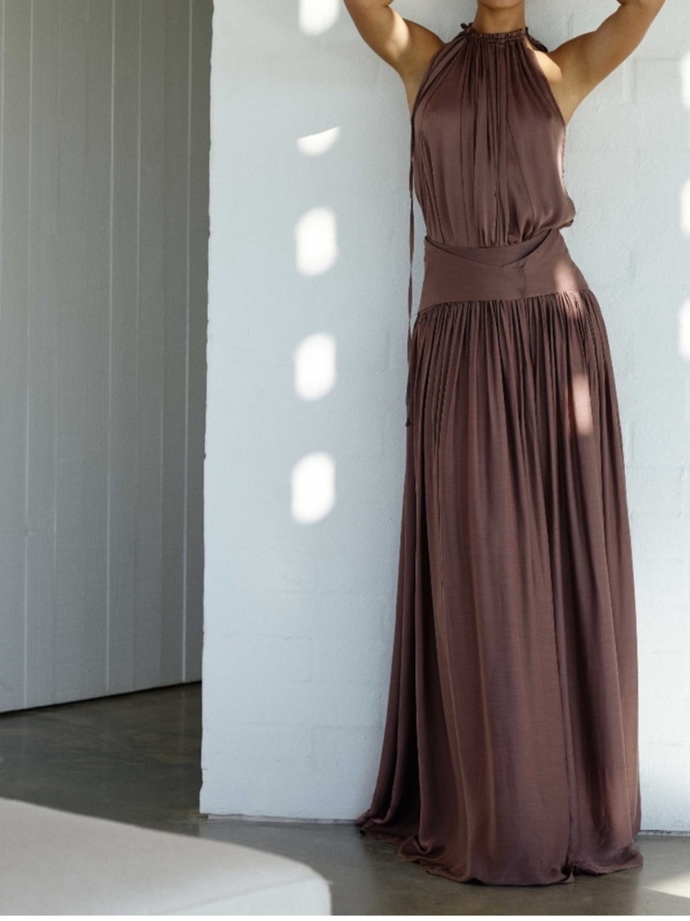 BONDI BORN Skirt Ripple Gathered Maxi in Toffee Brown